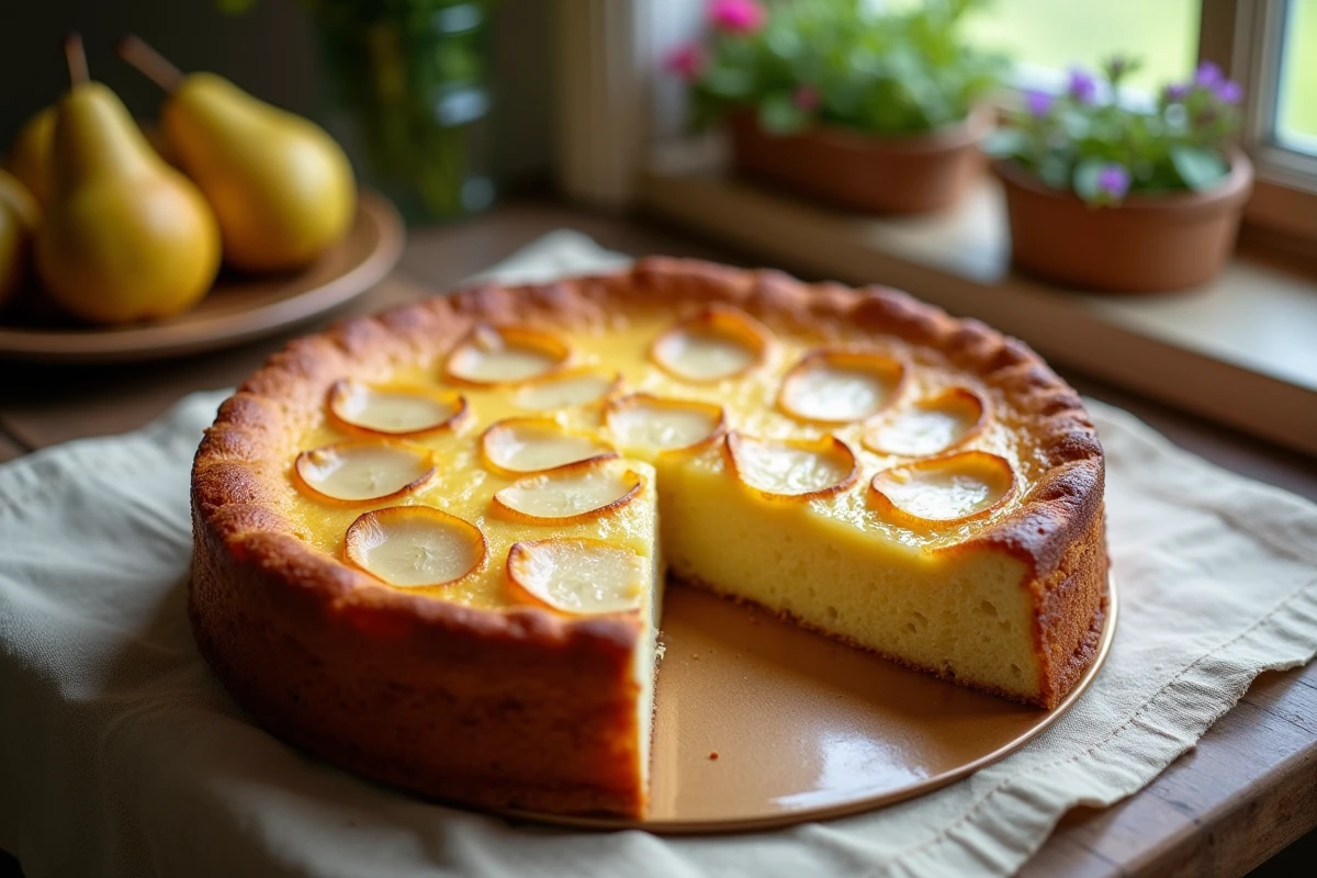 Gâteau aux poires coupé montrant son intérieur fondant
