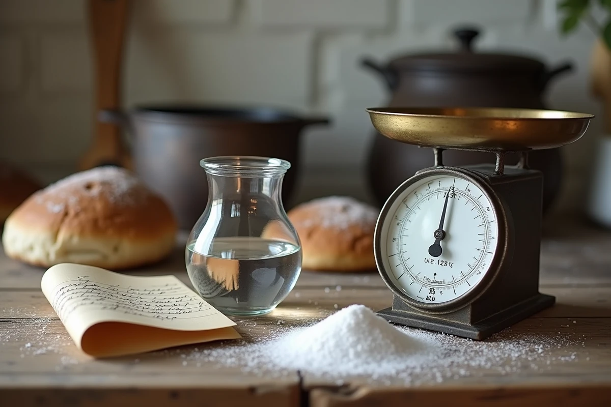 Balance de cuisine vintage avec 125 grammes mesurés, carafe graduée et fiche de recette française en écriture cursive