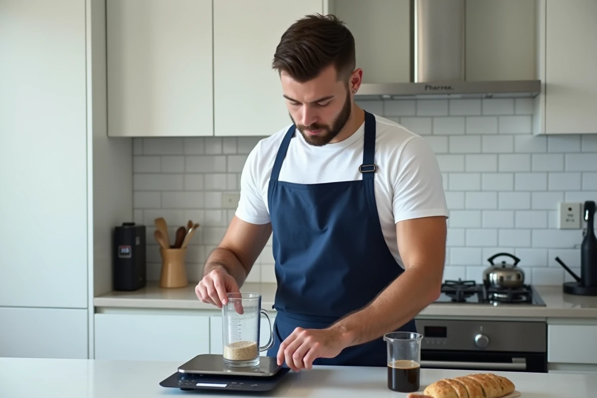 Jeune homme comparant une balance numérique affichant 125 grammes et un verre doseur gradué dans une cuisine moderne parisienne