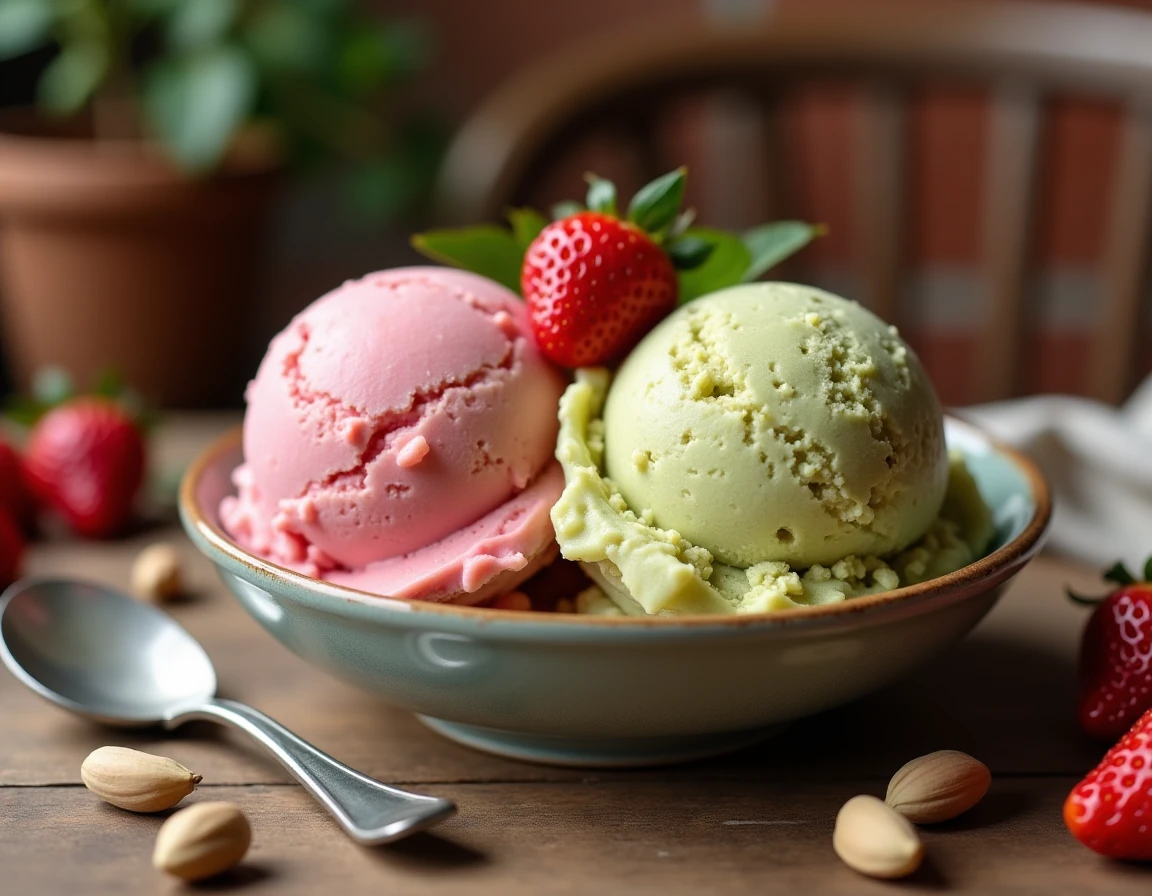 Deux boules de glace maison artisanale à la fraise et à la pistache servies dans un bol en céramique vintage avec des fruits frais