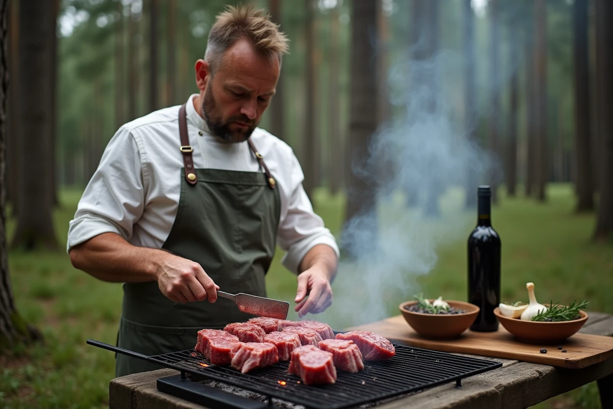 Chef en tablier de lin déposant des côtes de chevreuil marinées sur un barbecue au charbon dans une clairière forestière