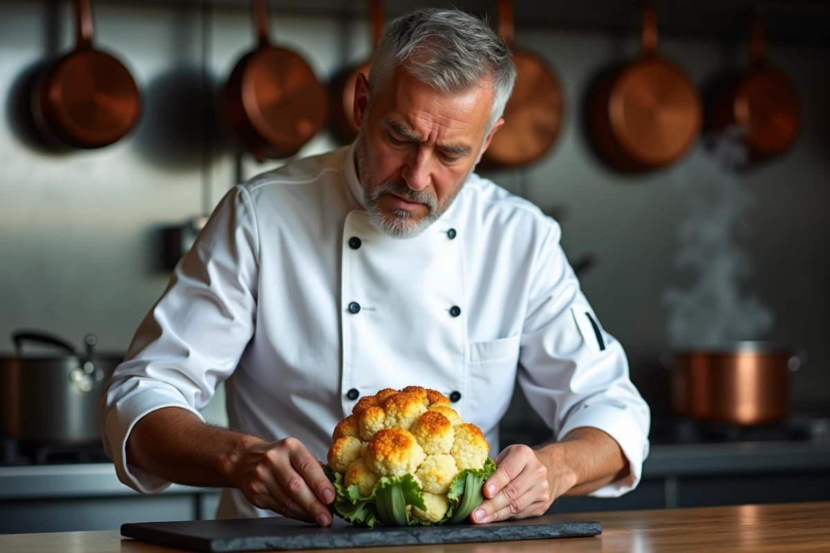 Chef cuisinier en veste blanche présentant un chou-fleur entier rôti sur une planche en ardoise dans une cuisine de bistro professionnelle