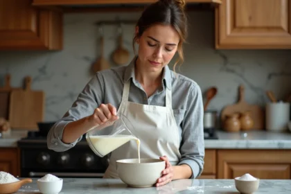 Cheffe pâtissière versant 40cl de crème dans un bol en céramique sur un plan de travail en marbre dans une cuisine française traditionnelle