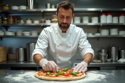 Chef pizzaiolo portant des gants alimentaires préparant une pizza avec des ingrédients frais dans une cuisine professionnelle propre