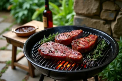 Chevreuil mariné au vin rouge grillé sur barbecue en fonte avec romarin et poivre concassé sur terrasse en pierre