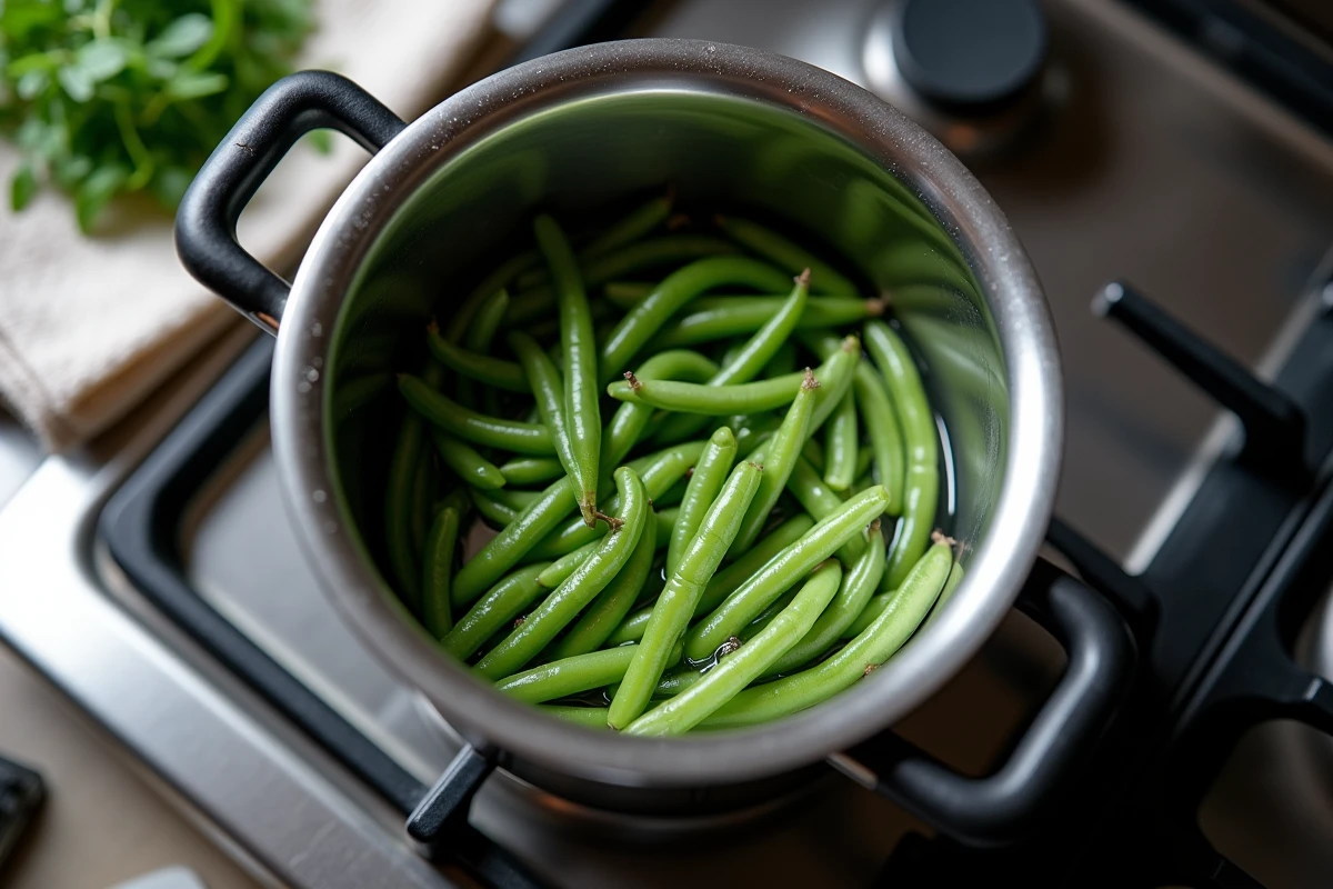Vue du dessus d'une cocotte-minute ouverte remplie de haricots verts prêts à cuire sur une cuisinière à gaz