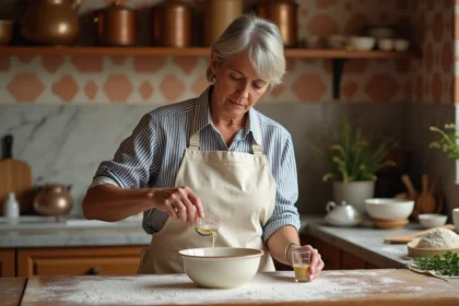 Femme en tablier versant une mesure de liquide dans un bol en céramique dans une cuisine française traditionnelle