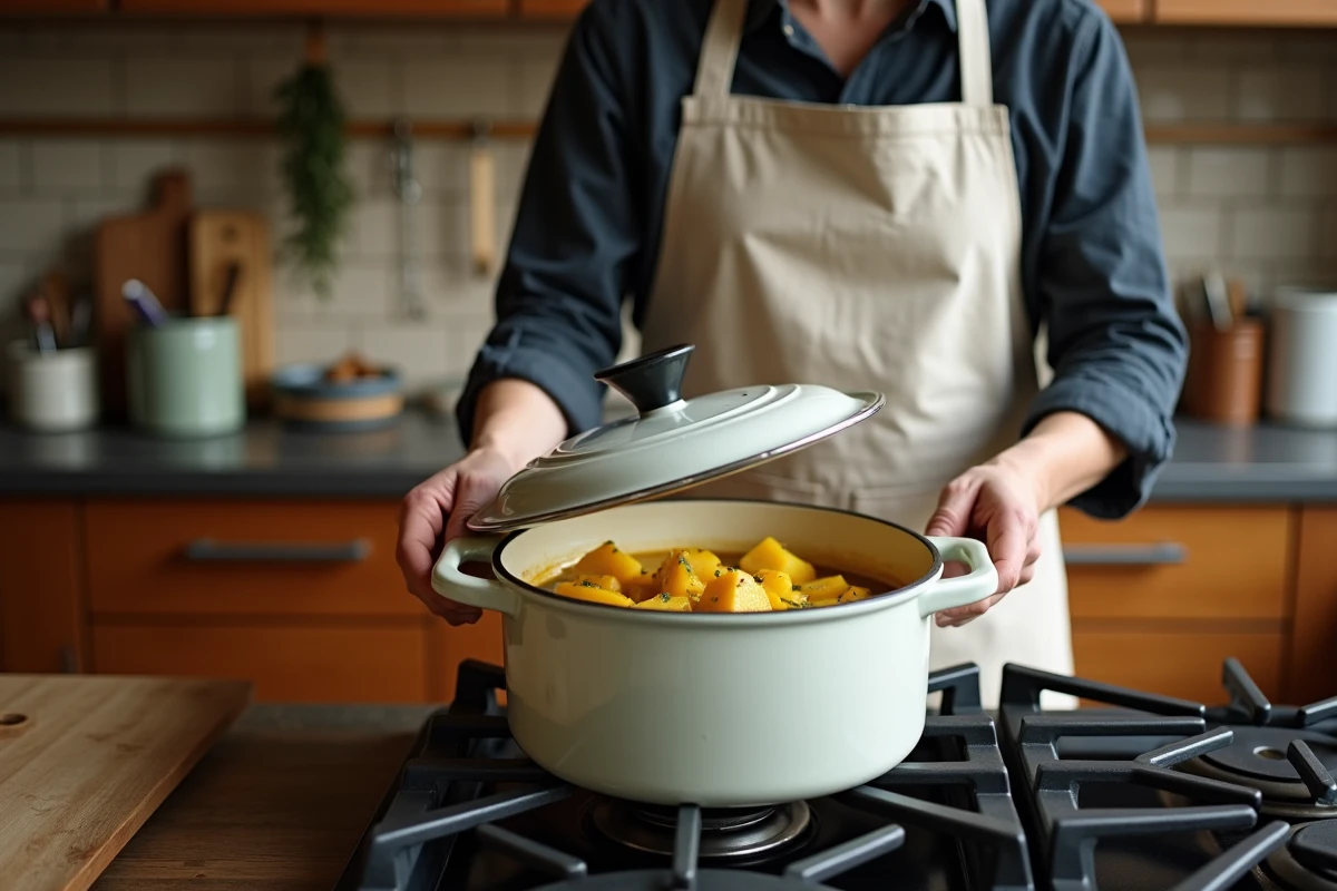 Cuisinier amateur posant le couvercle d'une cocotte de filet mignon moutarde en cuisine, ambiance chaleureuse et authentique