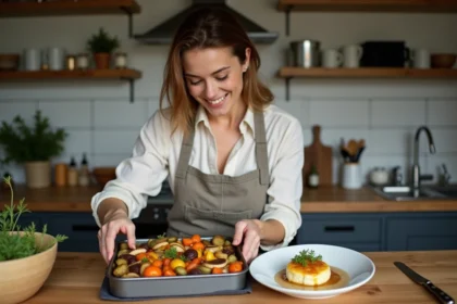 Femme souriante préparant un plat de légumes rôtis et gratin