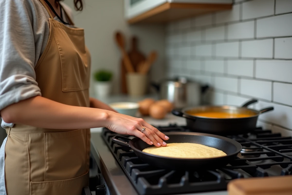 Femme en tablier faisant cuire un pain à la poêle en fonte avec un curry mijotant en arrière-plan