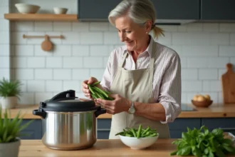 Femme versant des haricots verts frais dans une cocotte-minute en inox sur un plan de travail de cuisine moderne