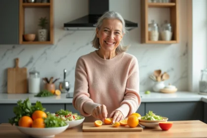 Femme souriante tranchant du kaki dans une cuisine lumineuse