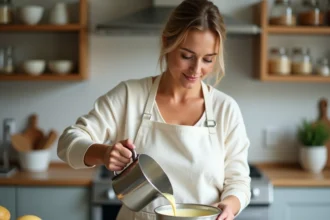 Femme versant une base de crème anglaise dans une sorbetière pour faire une glace maison façon artisan glacier