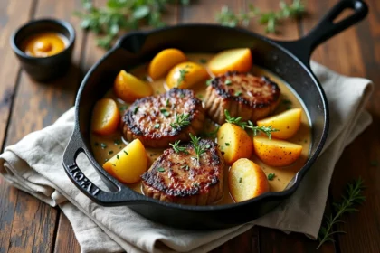 Cocotte en fonte avec filet mignon à la moutarde et pommes de terre dorées, plat complet rustique vu de dessus