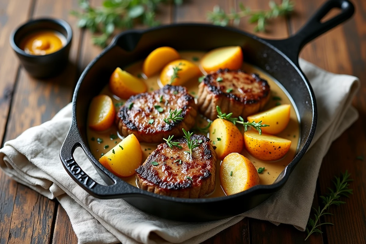 Cocotte en fonte avec filet mignon à la moutarde et pommes de terre dorées, plat complet rustique vu de dessus