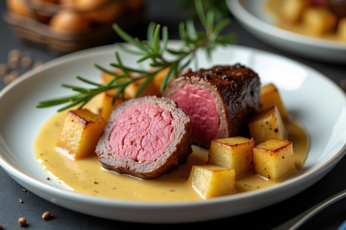 Assiette de filet mignon tranché à la sauce moutarde avec pommes de terre rôties, présentation élégante en gros plan