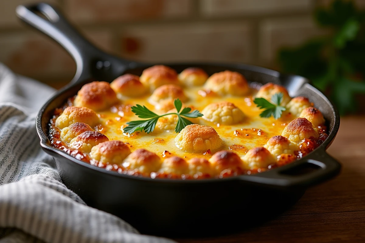 Gratin de chou-fleur doré au gruyère dans une poêle en fonte sur un comptoir de bistro avec chapelure croustillante et beurre noisette