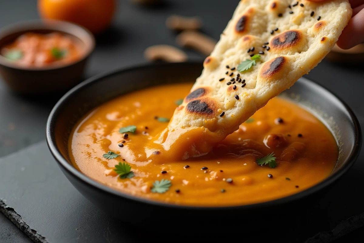 Gros plan d'un pain à la poêle trempé dans un bol de curry doré avec graines de sésame et de nigelle