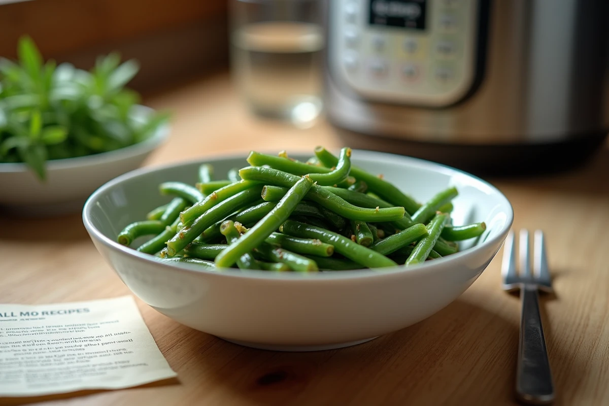 Bol de haricots verts cuits à la cocotte-minute servis sur une table en bois avec couvercle et recette