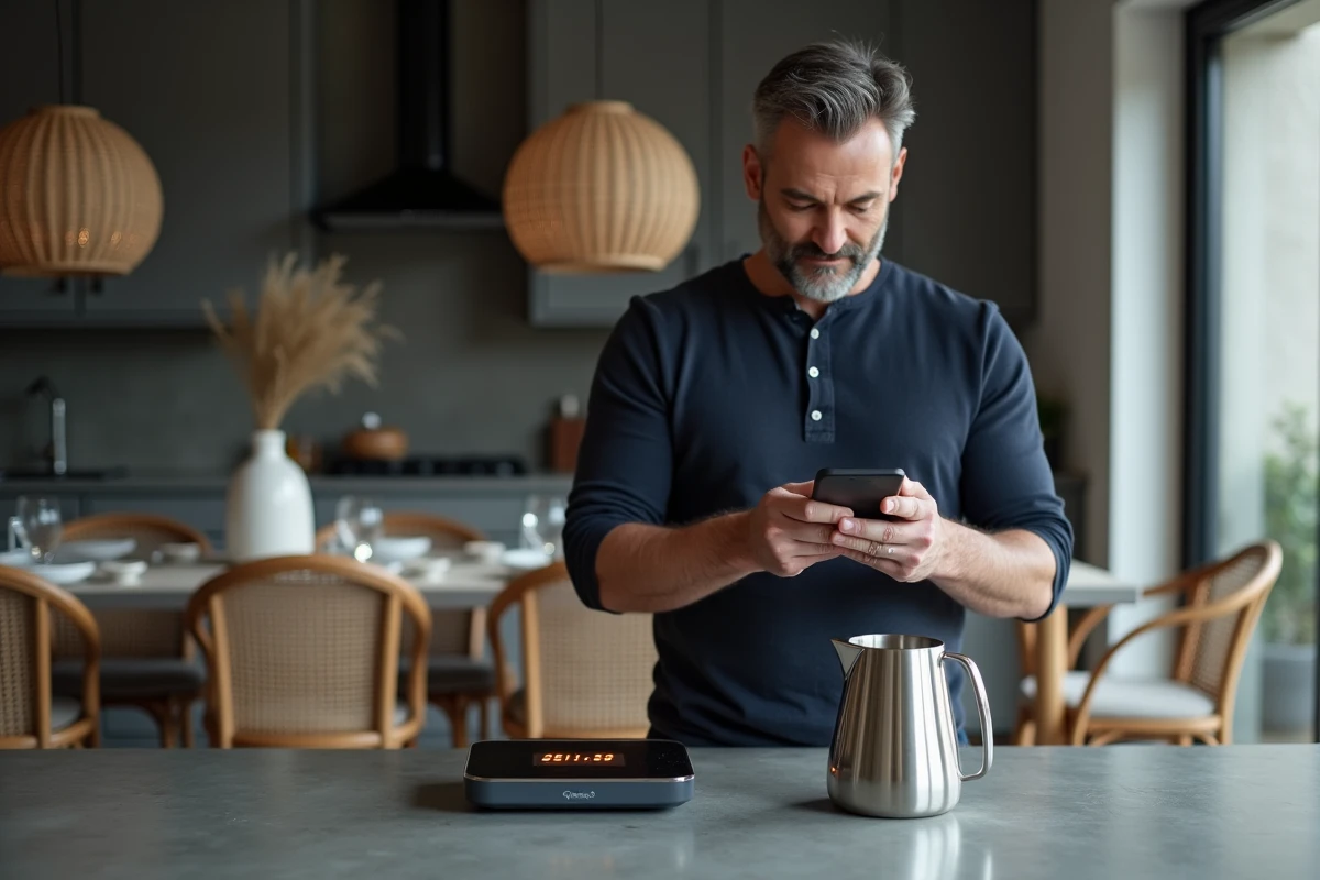 Homme consultant une conversion de 40cl en grammes sur smartphone à côté d'un verre doseur en acier inoxydable sur une cuisine moderne française