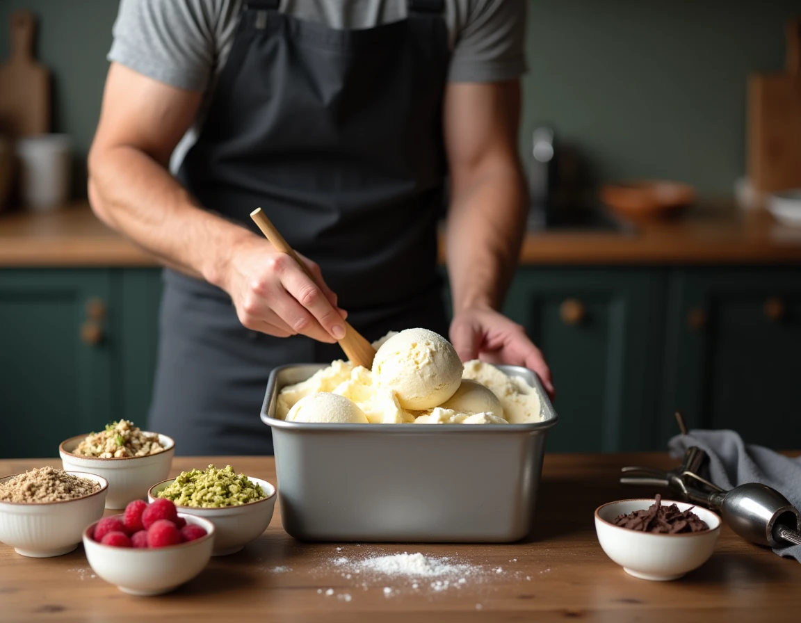 Homme travaillant une glace maison artisanale dans un bac métallique avec des garnitures colorées sur une table en bois