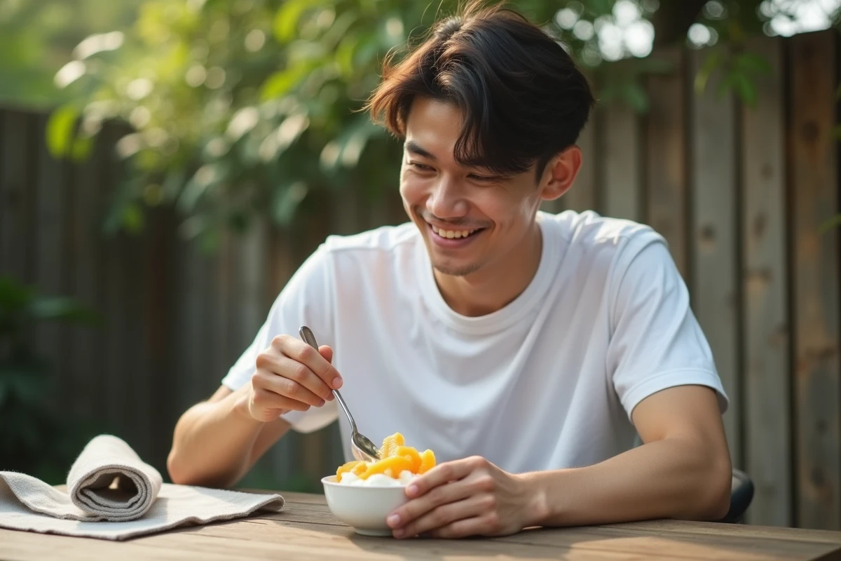 Jeune homme dégustant un dessert au kaki en extérieur