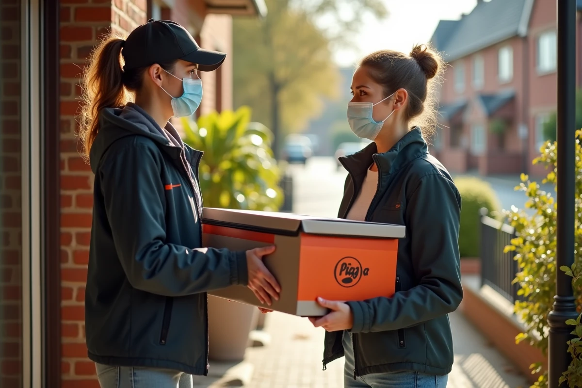 Livreuse de pizza en masque remettant une commande dans un sac isotherme à une cliente souriante devant sa maison