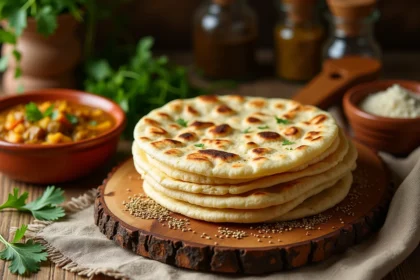 Pains à la poêle dorés empilés sur une planche en bois avec un curry de légumes dans un plat en terre cuite, vue du dessus