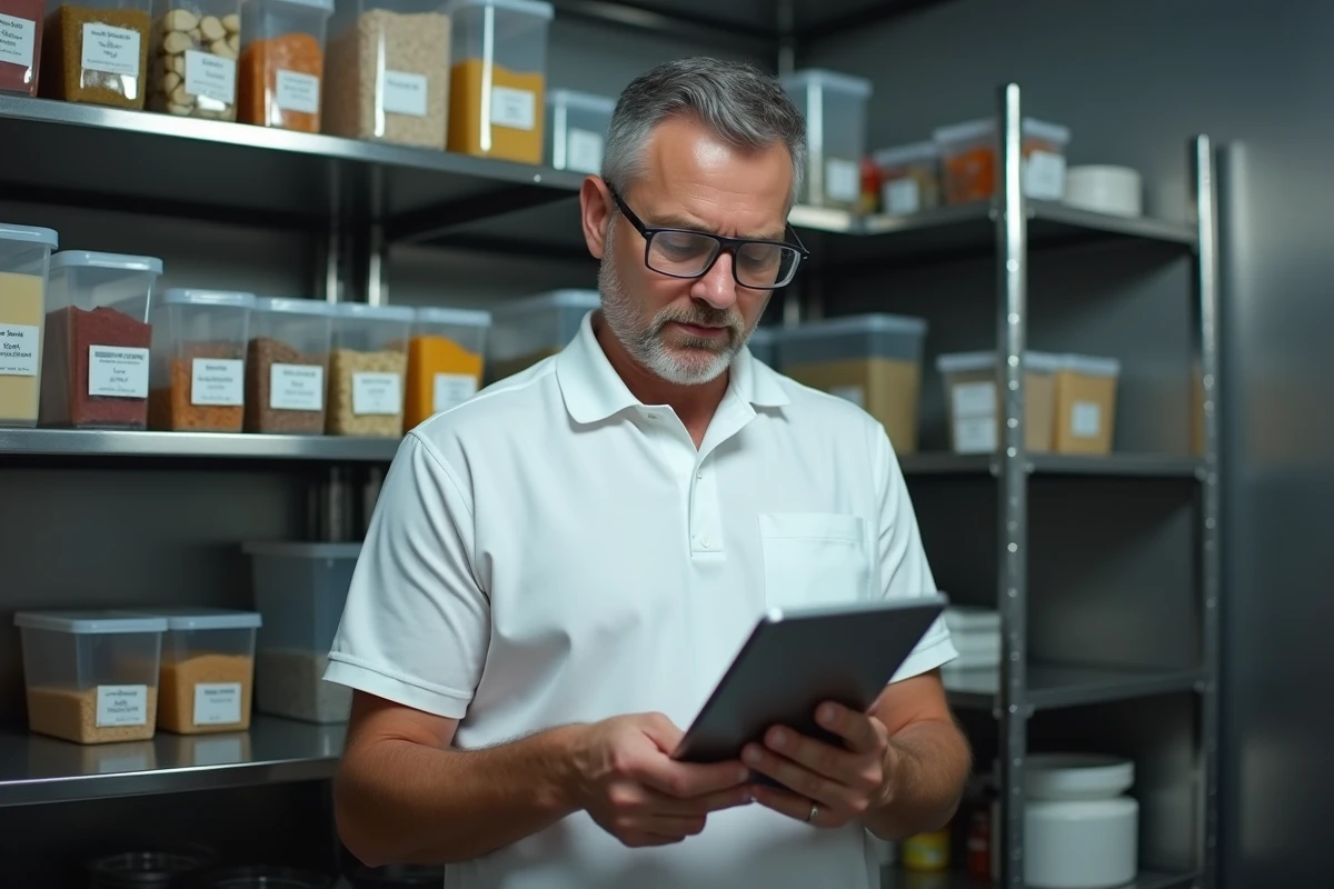 Responsable de restaurant vérifiant une checklist d'hygiène alimentaire sur tablette numérique dans une réserve alimentaire organisée