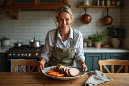 Femme souriante servant un rôti de porc maison dans une cuisine chaleureuse