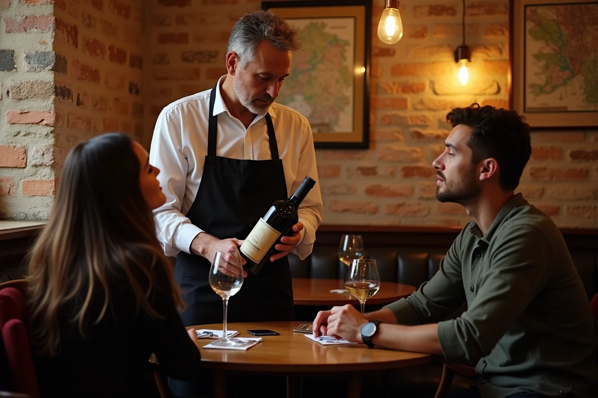Sommelier présentant une bouteille de vin à un couple dans un bistrot romantique du centre de Carcassonne