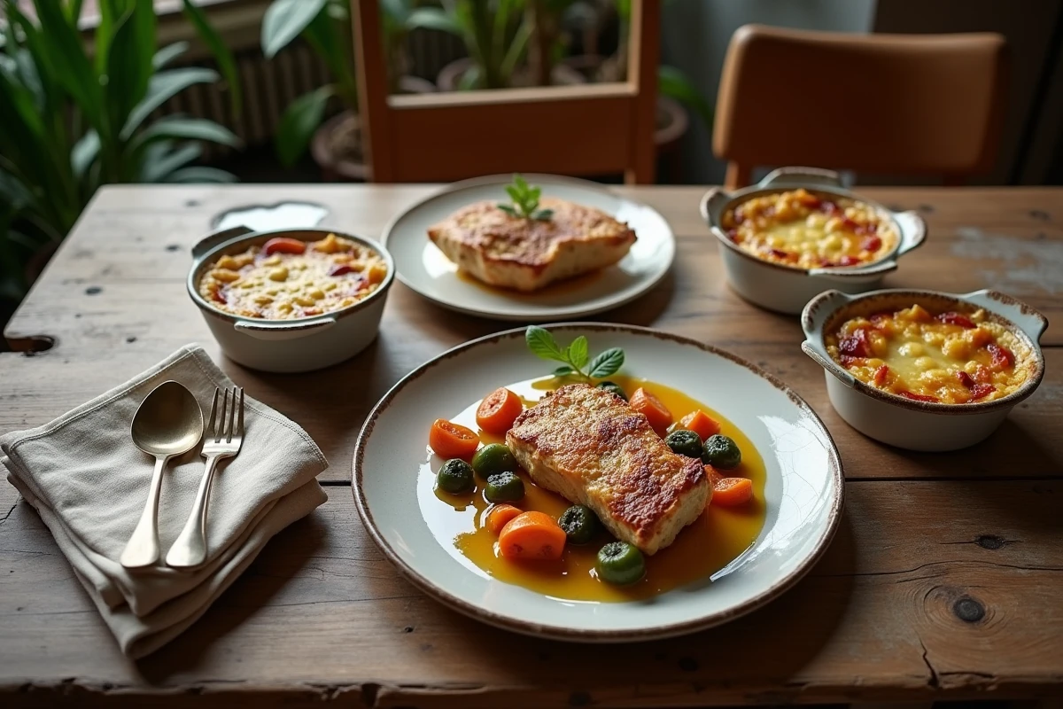 Table rustique avec paupiette de veau et légumes en famille