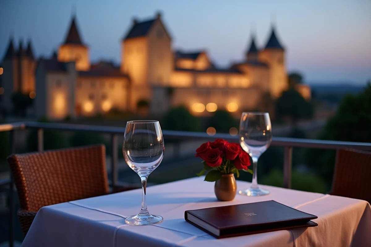 Table de restaurant romantique dressée en terrasse avec vue sur la Cité médiévale de Carcassonne en soirée
