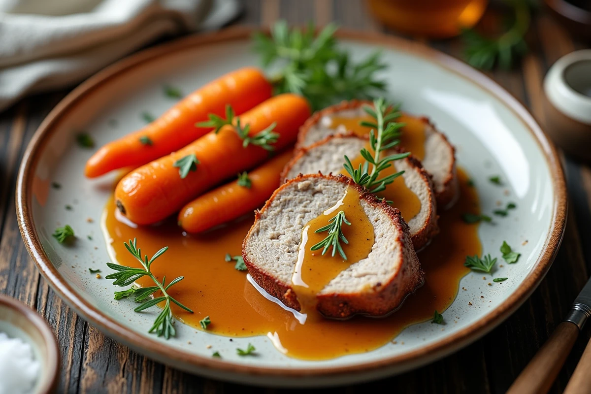 Tranche de rôti de porc avec carottes glacées et sauce veau sur assiette