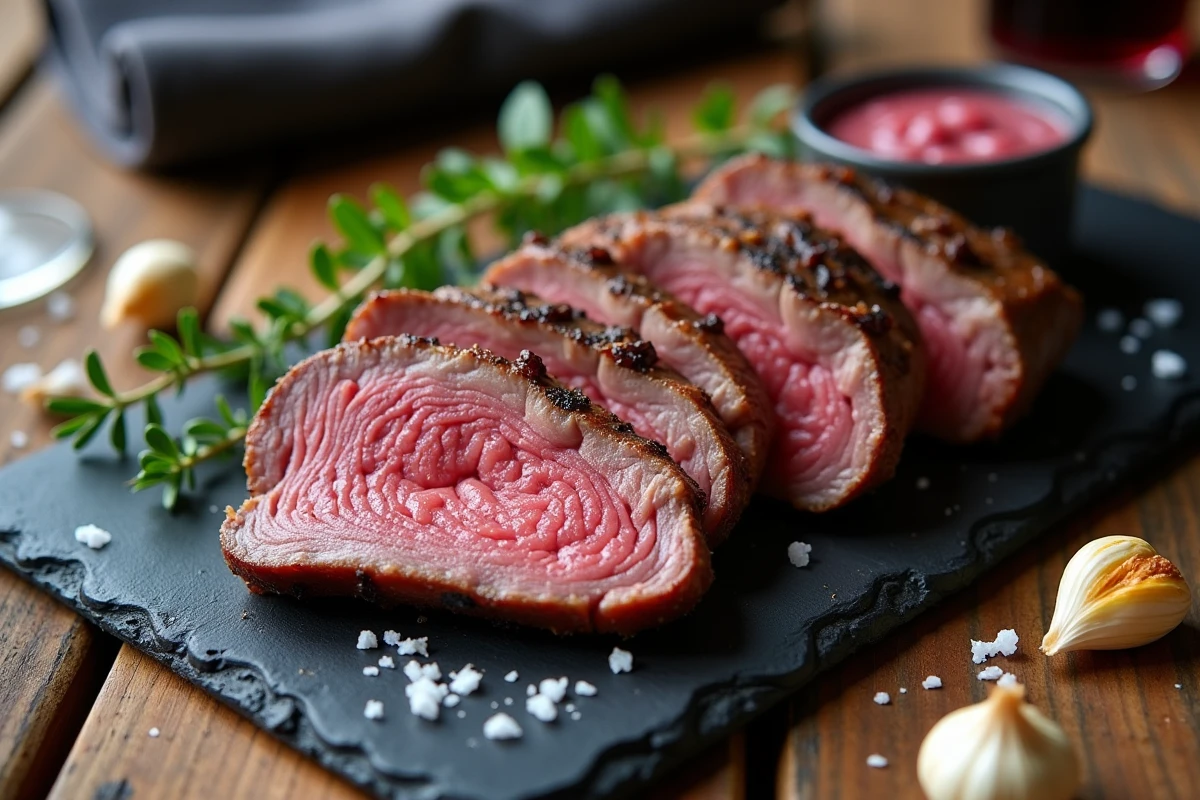 Tranches de chevreuil grillé juteuses et rosées sur ardoise avec sauce aux baies sauvages et thym frais dans une cuisine rustique
