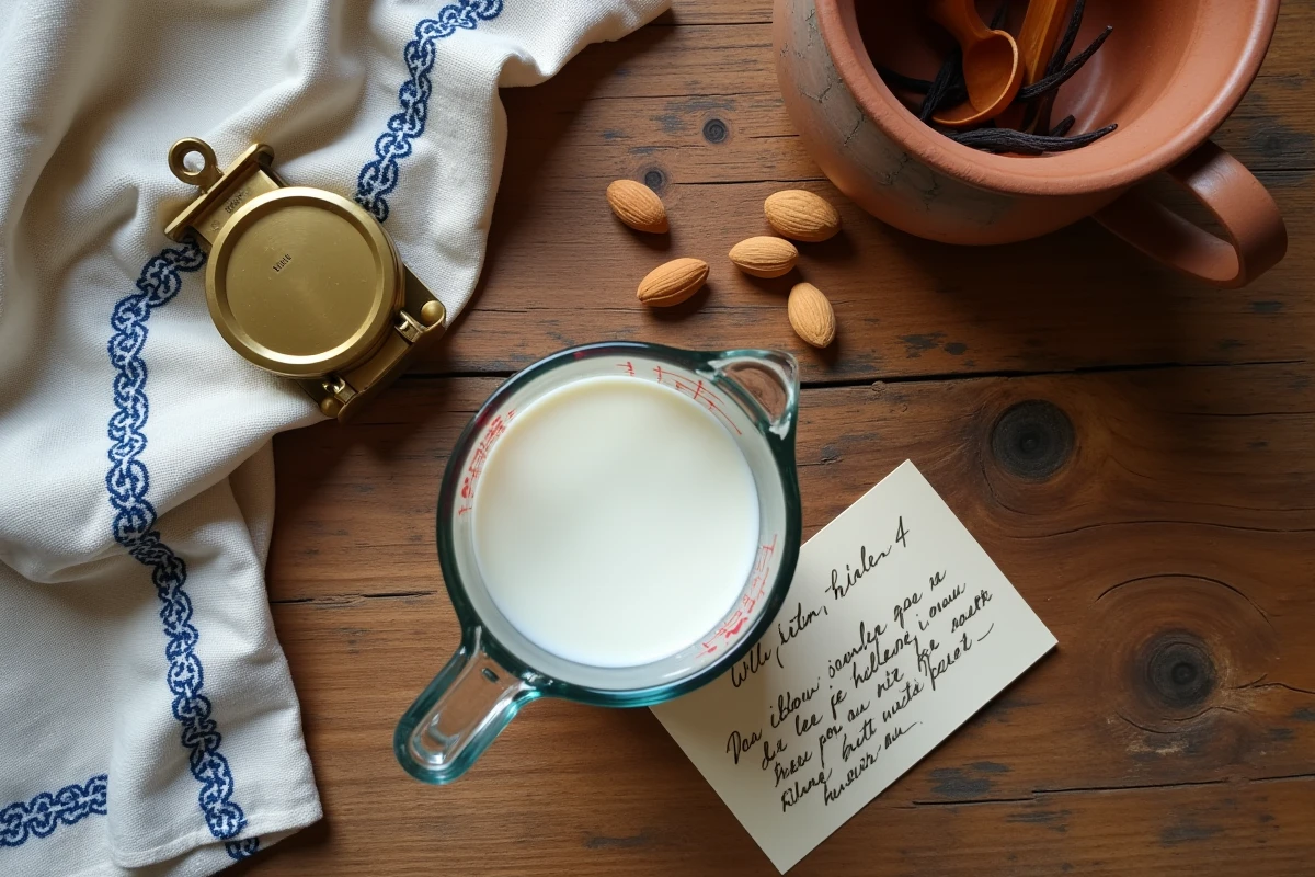 Vue aérienne d'un verre doseur à 40cl, balance de cuisine et fiche recette manuscrite en français sur une table en bois provincial