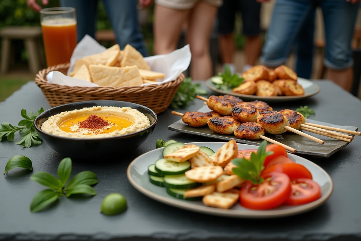 Vue aérienne d'accompagnements variés pour barbecue dont houmous, brochettes et salades disposés sur une table en ardoise