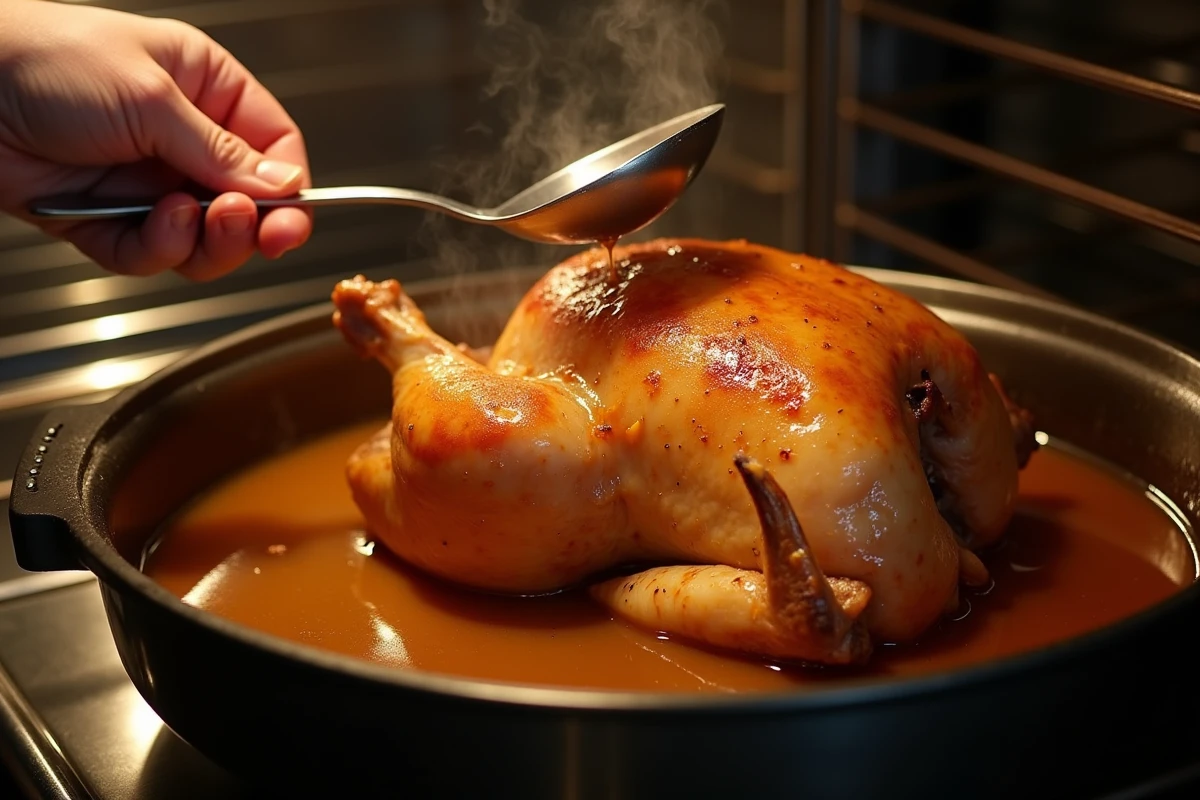Arrosage du chapon avec son jus de cuisson à l'aide d'une cuillère pendant la cuisson au four