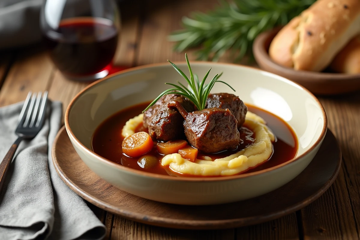 Assiette de ragoût d'agneau à l'ancienne servi dans un bol en céramique avec purée et pain rustique sur une table en bois