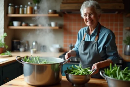 Femme blanchissant des haricots verts frais dans une casserole d'eau bouillante avant congélation, avec passoire et saladier d'eau glacée sur une table en bois rustique