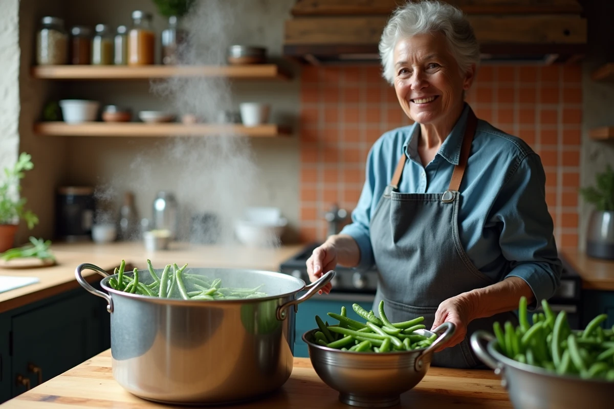 Femme blanchissant des haricots verts frais dans une casserole d'eau bouillante avant congélation, avec passoire et saladier d'eau glacée sur une table en bois rustique