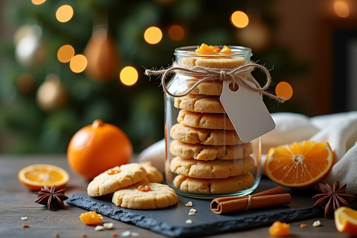 Bocal en verre rempli de sablés de Noël amande et orange confite avec décoration festive de Noël