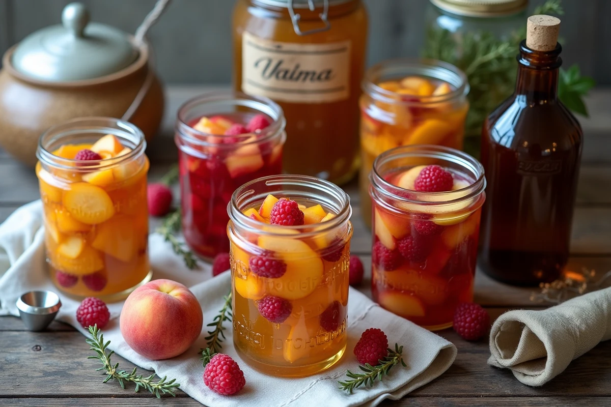 Bocaux de fruits macérés à l'alcool 90 avec étiquettes artisanales sur une table en bois rustique, vue de dessus