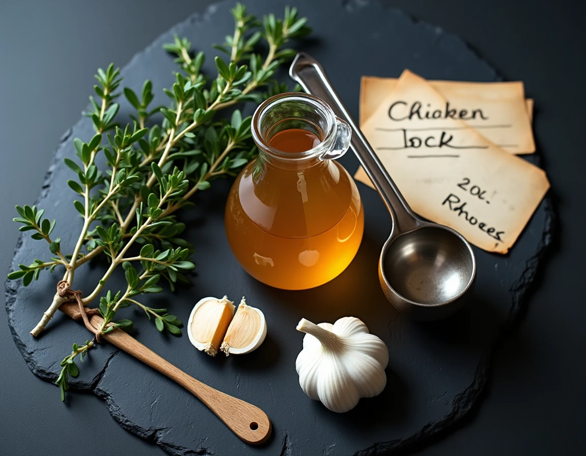 Vue du dessus d'un carafe de 20cl de bouillon de poulet avec thym, ail et fiche recette manuscrite sur ardoise pour une sauce salée