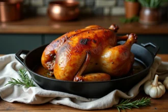 Chapon entier rôti au four dans une cocotte en fonte, nappé de son jus de cuisson avec thym et ail