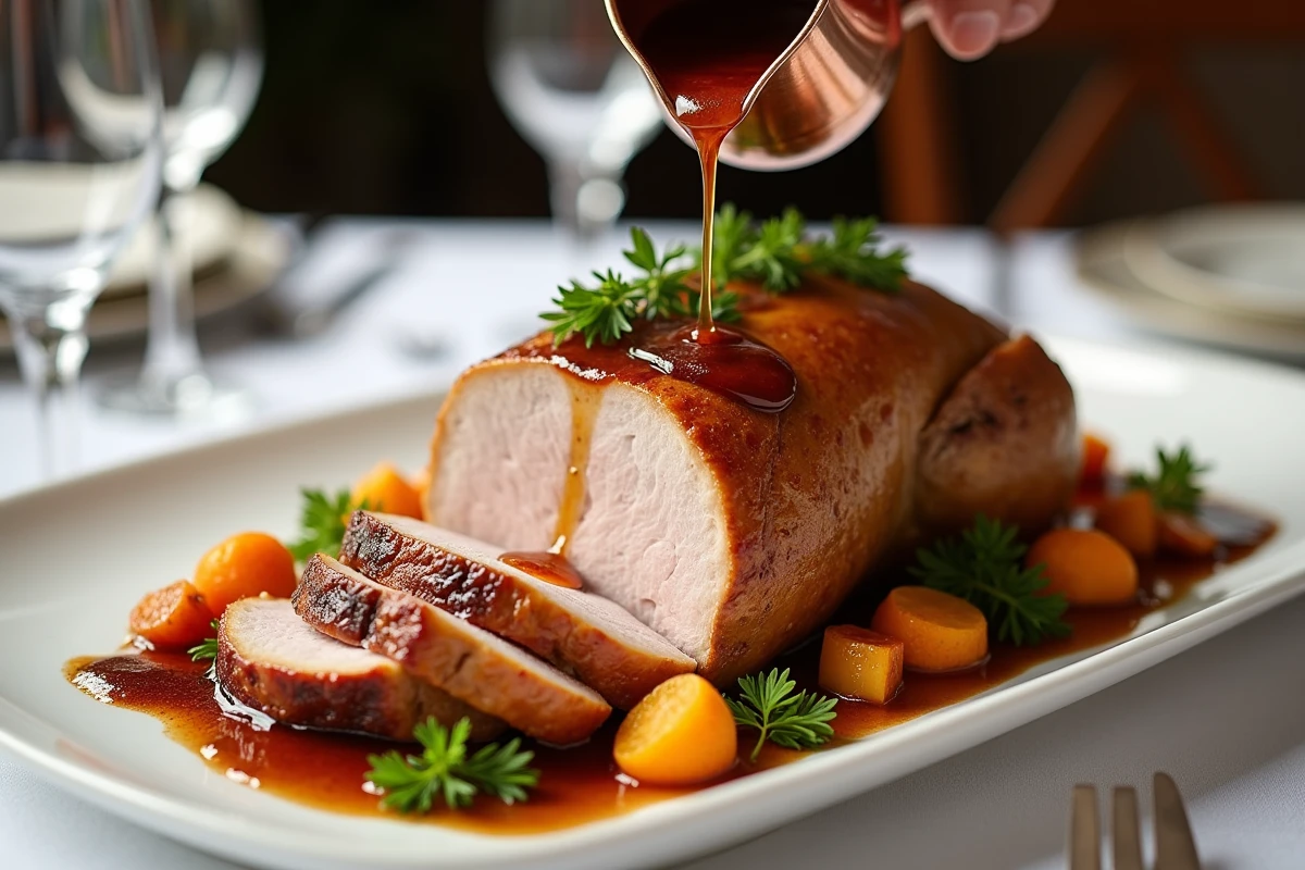 Tranches de chapon nappées de jus réduit dressées sur un plat de service blanc pour un repas de fête
