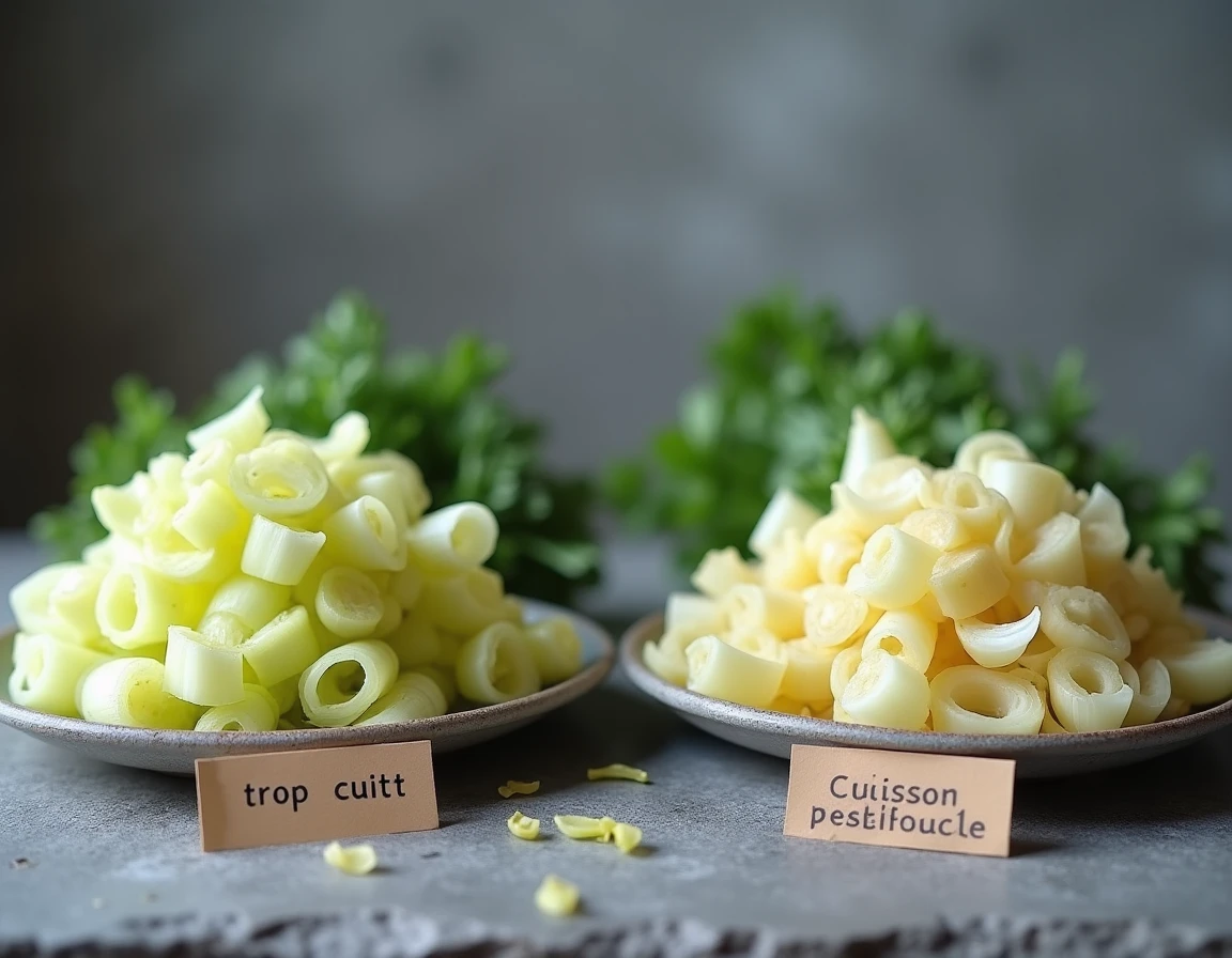 Comparaison visuelle entre des poireaux trop cuits et des poireaux à la cuisson parfaite sur des assiettes avec étiquettes