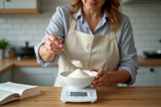Femme mesurant des grammes de sucre sur une balance de cuisine pour une conversion en centilitres en pâtisserie