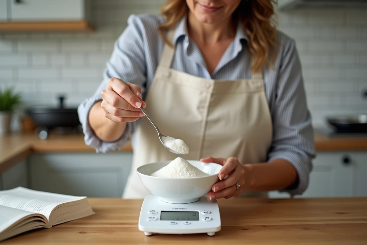Femme mesurant des grammes de sucre sur une balance de cuisine pour une conversion en centilitres en pâtisserie