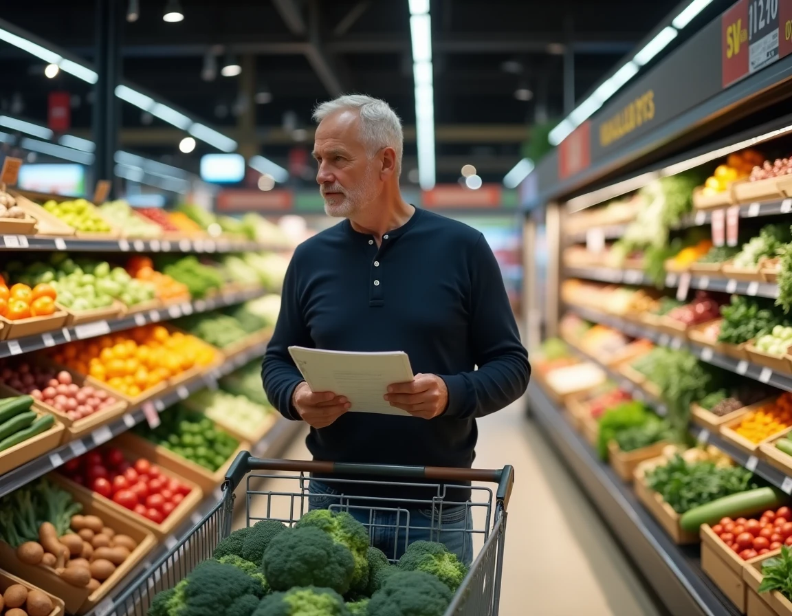 Homme faisant ses courses en supermarché avec une liste d'achats organisée, comparant les produits frais dans le rayon fruits et légumes
